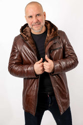 Men's leather coat Boris with hood Brown